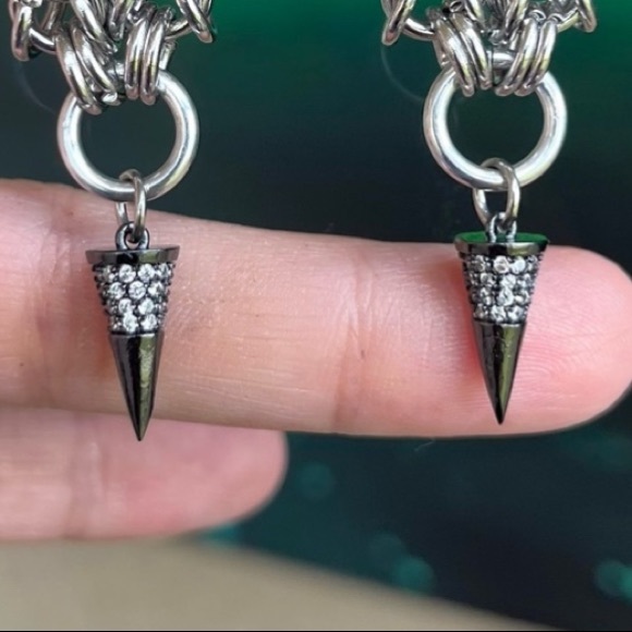 Handmade maille cz black spike dangly stainless steel earrings boho goth silver - Picture 2 of 13